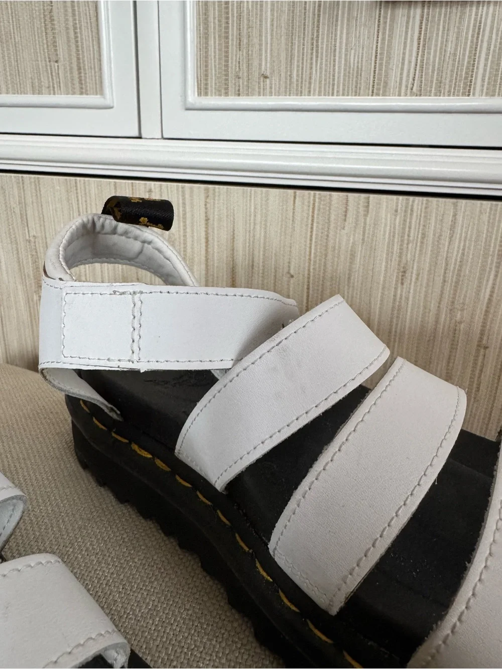 White Strappy Platform Sandals with Yellow Stitching - Picture 2 of 4
